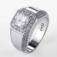Luxo 925 Sterling Silver Men Crystal Zircon Anel de Casamento de Casamento Brilhante Engajamento Nobre Engage Anéis de Partido com Selo