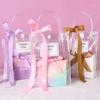 Storage Bags PVC Transparent Tote Bag With Handles Ribbon Candy Gift Box Wedding Bridesmaid Dragee Packaging Party Wrapping