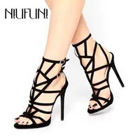Sandaler niufuni svart gladiator sexig ihålig peep tå kvinnor storlek 35-42 mocka spänne stilett hög klackar sommarpumpar skor enkla