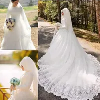 2021 A-Line Кружева Свадебное платье Vestidos de Novia Высокая шея Длинные рукава Аппликации Урожай свадебные платья