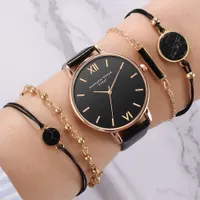 5шт Набор Топ стиль мода женщин роскошные кожаные кольца аналоговый кварцевый часы женские часы рельефные стены черный