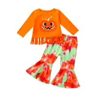 Euro American Girl Roupas Conjunto de Halloween Sorriso Abóbora Borla T Camiseta + Flare Calças Crianças Cosplay Roupas Dois Parte Sets