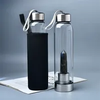 Punto energizado natural Reiki Gemstone Cuarzo Amatista Energía hecha a mano de cristal inoxidable Botella de agua de curación con protección C