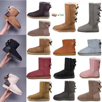 2023 mit Box Designer Frauen Australien Australische Stiefel Winter Schneefell Furry Satin Stiefel -Stiefel Stiefel Leder Damen im Freien Bowtie Schuhe