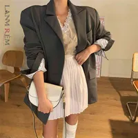 灰色のスーツのジャケットの緩い韓国の中長長の長袖のシングルブレストブレザーファマ高品質YJ548 210513