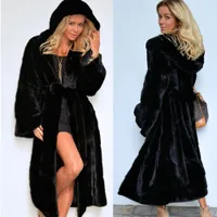 Uzun kapüşonlu vizon kürk palto kadınlar sonbahar kış sıcak kürk palto kemer kadın siyah rahat gevşek faux kürk palto bayanlar ceket