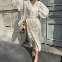Casual Dresses 2021 Summer Evening Women&#039;s Mid-length Dress Pleated Lantern Sleeve Special Occasion Female Spring Korean Party Lady Robe