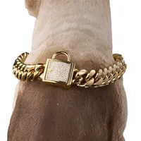14mm Ze Stali Nierdzewnej Titanium Steel Dog Collar Collar Szyfrowanie Micro-inkrustowany Cyrkon Blokada Pet Metal Necklace Stuff do Pug Pitbul X0703
