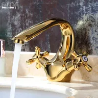 Banyo Lavabo Bataryaları Lüks Kristal Pirinç Altın Havzası Musluk Güverte Üstü Çift Kolu Sıcak Ve Soğuk Su Mix Tap Golden EL7426 FND
