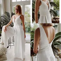 2021 Designer Lace Chiffon Jumpsuit Wedding Dress V-Pescoço V Abrir Costas Vestidos De Noiva Plus Size Women Vestidos de Novia