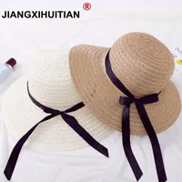Jiangxihuit 2021 Moda Yaz Hasır Şapka Kap Kadın Bayanlar Katlanabilir Geniş Büyük Brim Şerit Bowbeach Kadın Güneş Şapkaları