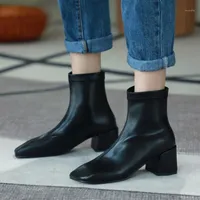 Boots Boots для женской эластичности PU LEATEHR квадратный носок короткие боевые ботинки коренастый средний каблук весенние женщины скольжения