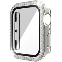 Apple Iwatch 보호 범퍼 화면 보호기 PC Double Diamond Rhinestone 적합한 커버 40mm 44mm 41mm 45mm 49mm 용 압제 유리 시계 케이스 커버