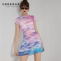 디자이너 메쉬 여름 바디 콘 드레스 여성 핑크 구름 인쇄 스탠드 칼라 짧은 소매 꽉 미니 높은 패션 210427