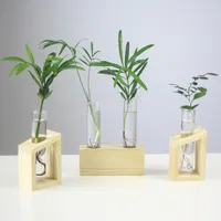 Vases Desktop Glass Vase Wall Hanging Transparent Planter With 2 Test Tubes And Wooden Stand Rack Home Office Decoration