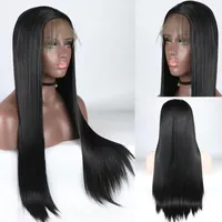 Synthetic Wigs 26 Natural Black Chignon Straight Front Lace Wig For Women Long Fake Hair Swiss Fringe