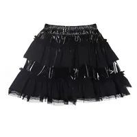 Vocole Kadın Gotik Siyah PVC Deri Örgü Patchwork Fırfır Mini Etek DS Clubwear 210629