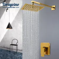 Torayvino Gold Finished Brass Rainfall Shower Faucet Set Square Head Mixer Wall Mounted Double Hole Single Outlet Faucets Bathroom Sets