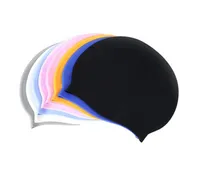 도매 고품질 수영 모자 100 % 실리콘 순수 색상 높은 긴장 탄성 수영 모자 물 풀 스포츠 긴 머리 귀 보호 고무 모자