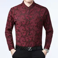 Men&#039;s Casual Shirts Oversize Retro Silk For Mens Burgundy Flowers Large Sizes Year Dress Chinese Mandarin Collar Blue