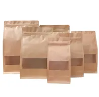 Kahverengi Doypack Kraft Kağıt Paketi Çanta Temizle Pencere Tasarım Gıda Kuruyemiş Için Self Sızdırmazlık Fermuar Çanta Snacks Depolama Torbalar