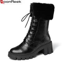 Boots Moonmeek 2021 Прибытие Зима Натуральная Кожа Квадратные каблуки Круглый Носок Мода Закрывающиеся Лордовые Женщины