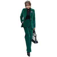 Women&#039;s Two Piece Pants 2021 Autumn And Winter Corduroy Blazer Dark Green Two-piece Suit Women Fashion Profession Office Work Wear Suits GH9