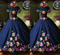2021ファッションシャルロメキシコQuinceaneraドレスネイビーブルー肩から刺繍されたショルダーサテンコルセットバックスウィート15の女の子ウエディングドレスカスタム