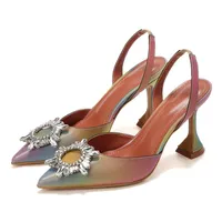 Сандалии Mhyons Хорошие женщины хрустальные солнце цветок тонкие высокие каблуки винтажные заостренные конец элегантный задний ремешок женские туфли размер 42