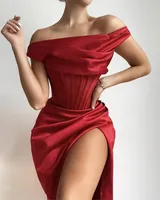 Casual Dresses Swtao Women Sexy Off Shoulder Thick Satin Draped Red Bodycon Dress Winter 2021 Elegant Club Prom Celebrity Party Vestido