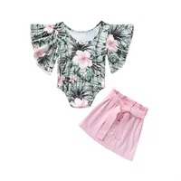 Kızlar Flutter Kollu Tulum + Etekler Kıyafetler Yaz 2021 Çocuk Giysileri Boutique için 0-4 T Kızlar Onesies Etekler 2 PC Set Moda