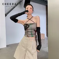 Cheerart bandaż halter szyi top bodycon backless bez ramiączek gorset kobiety letni druk brązowa rurka koreańska moda 220218