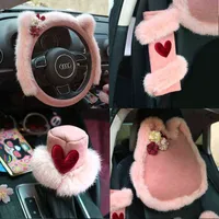 Pink Cat Suede Plush For Car interior Steering Cover Rearview Mirror Seat Belts Padding Headrest Handbrake Grips Girls Y1129