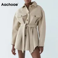 Casacos de lã chique de mulheres aacoee com cinto sólido bolsos de manga comprida camisa jaquetas outerwear vire para baixo colarinho elegante casaco 220106