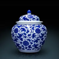 Jarddezhen de jingdezhen de jingdezhen y azul Lotus Tarro de loto Tarro de loto de estilo chino Decoración de la sala de estar Jarrón de cerámica
