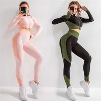 Push Up Fitness Sport Suit Seamless Women Yoga Set Long Sleeve Clothing 2 3 Pcs Female Gym Suits Wear Running Clothes 220117