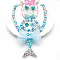 Barn plast smycken 6 st set sjöjungfrun prinsessa färgglada pärla armband halsband skal örhängen ring sätter tjejer födelsedagsgåva små gåvor idéer