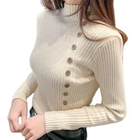 여성용 스웨터 Tuangbiang 버튼 장식 모의 넥 여성 2021 아늑한 패션 가을 겨울 기본 슬림 풀오버 레이디 리브 니트 탑스