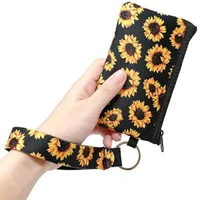 Print Sunflower Leopard Coin Purses Cow Flower MultiFunction Neoprene Passport Cover ID Card Holder Wristlets Clutch Wallet With Keychain 10 colors