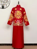 Erkekler Cheongsam 2021 Erkek Damat Düğün Qipao Evli Kırmızı Nakış Çin Tarzı Tang Takım Tost Giyim Bornoz Etnik