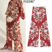 PSEEWE ZA-broek voor vrouwelijke rode vintage print wijde been broek vrouwen hoge taille zomer broek vrouw ritsvlieg casual losse broek q0801