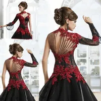 Vintage zwart en rood prom jurken Victoriaanse gotische maskerade halloween avond feestjurk sleutelgat hoge hals lange mouw kralen plus size pageant jurken