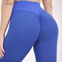 Stock Pantalones de yoga sin fisuras para mujeres, texturizado cintura alta tope Levantamiento de plagones Control de abdominales Anti-Celulitis Entrenamiento Leggings Tight BM22