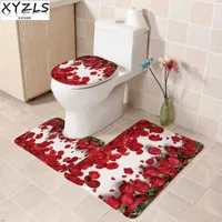 XYZLS 3pcs/set Brand Red Rose Flannel Bathroom Mats Anti Slip Suede Luxury Butterfly Toilet Mats Beauty Flower Toilet Carpet SH190919