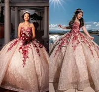 Pretty Rose Gold and Red Lace Quince Dresses 2021 Sweetheart Lace-Up Corset Top Sparkly Cekiny Aplikacje Quinceanera Suknie