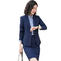 Formal Navy Blue Blazer For Women Skirt Suits Office Ladies Work Wear Long Sleeve Jacket Sets OL Styles Dresses