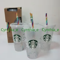 24 oz / 710ml Starbucks Coupe en plastique arc-en-ciel Réutilisable Clair Clear Boire Tumblers Plats Coupes Couvercle Couvercle Couvercle Tasse de paille Bardian L2