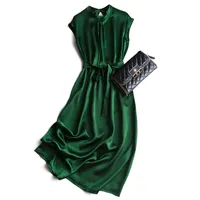 Grüner Tankkleid Stehkragen Mid-Calf Sleeveless Schärpen A-line Vintage Elegante Kleid Für Hochzeit Gast Frauen Abendkleider 210508