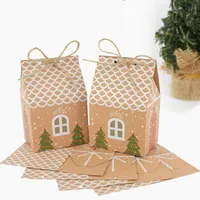 Gift Wrap 5pcs Christmas Candy Box House Shape Kraft Paper With Rope For Year Xmas Party Home Decor Cookie Packaging Bag