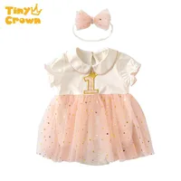 소녀의 드레스 작은 왕관 0-2Y 100 % 코 튼 아기 소녀 반바지와 귀여운 드레스 2021Summer 핑크 공주 스타일의 옷